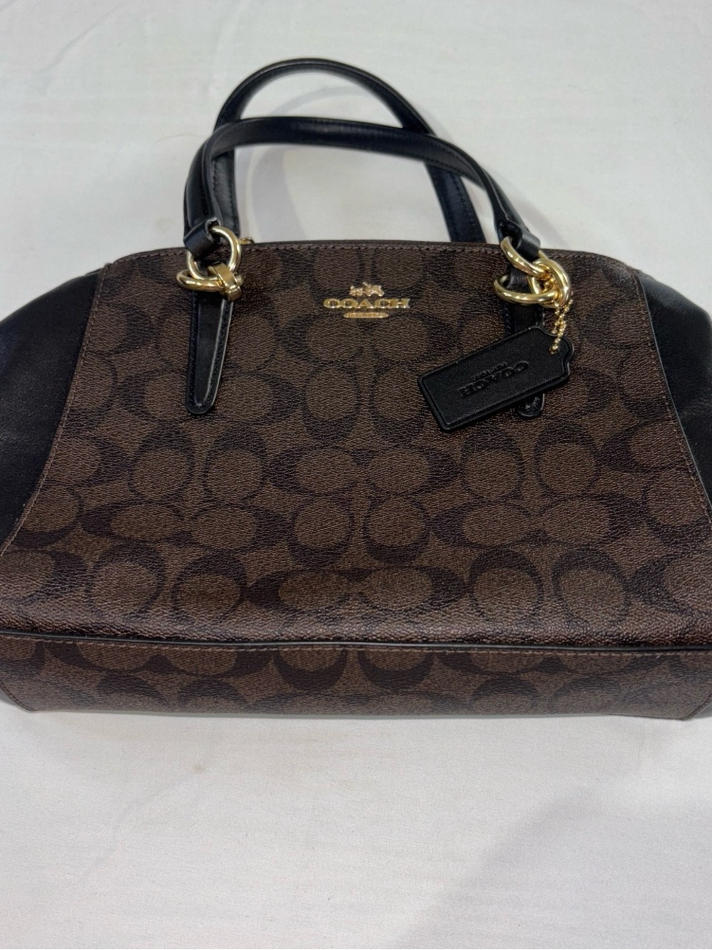 COACH Brown Signature Canvas Satchel with Black Leather Trim